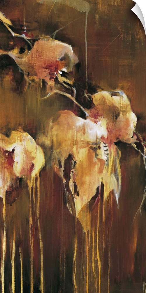 Abstract painting using earth tones to create flowers that look as though they are dripping.