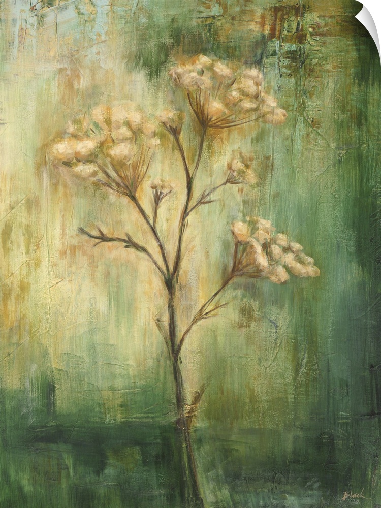 Contemporary painting of a single flower standing in the center of the image against a washed and weathered green background.
