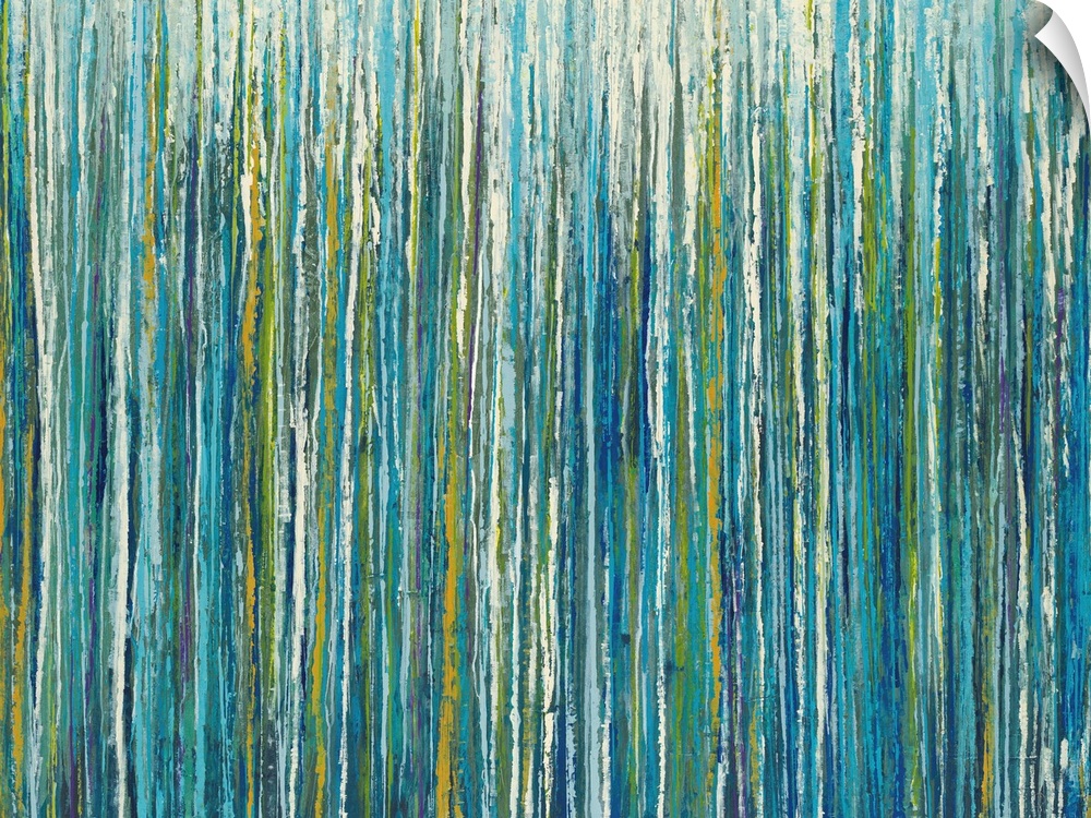 Abstract painting with cool toned vertical lines layered on top and next to one another.