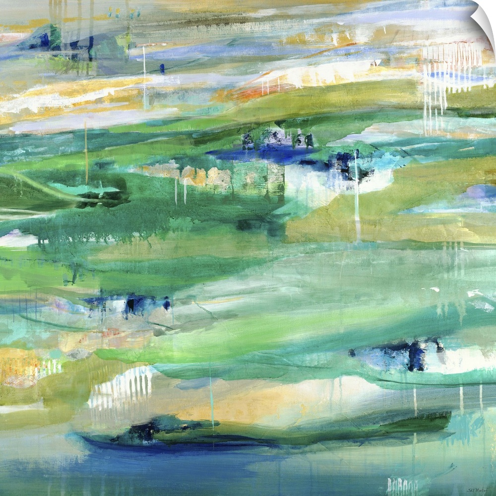 A contemporary abstract painting using predominantly green with hints of yellow.