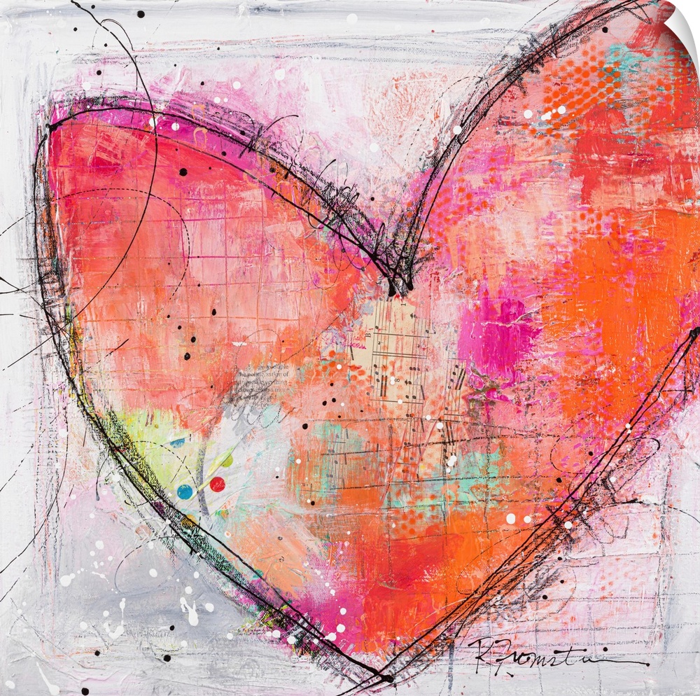 A sweet sketchy image of a pink and orange heart outlined in black sketch lines. This is a warm and inviting contemporary ...