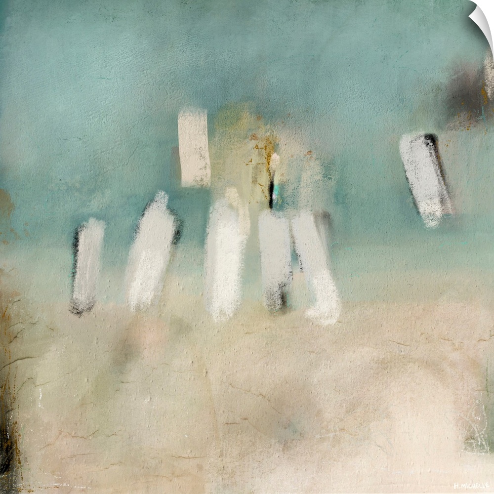 A sophisticated abstract painting in a transitional style, featuring soft tones of aqua and sand that are reminiscent of a...