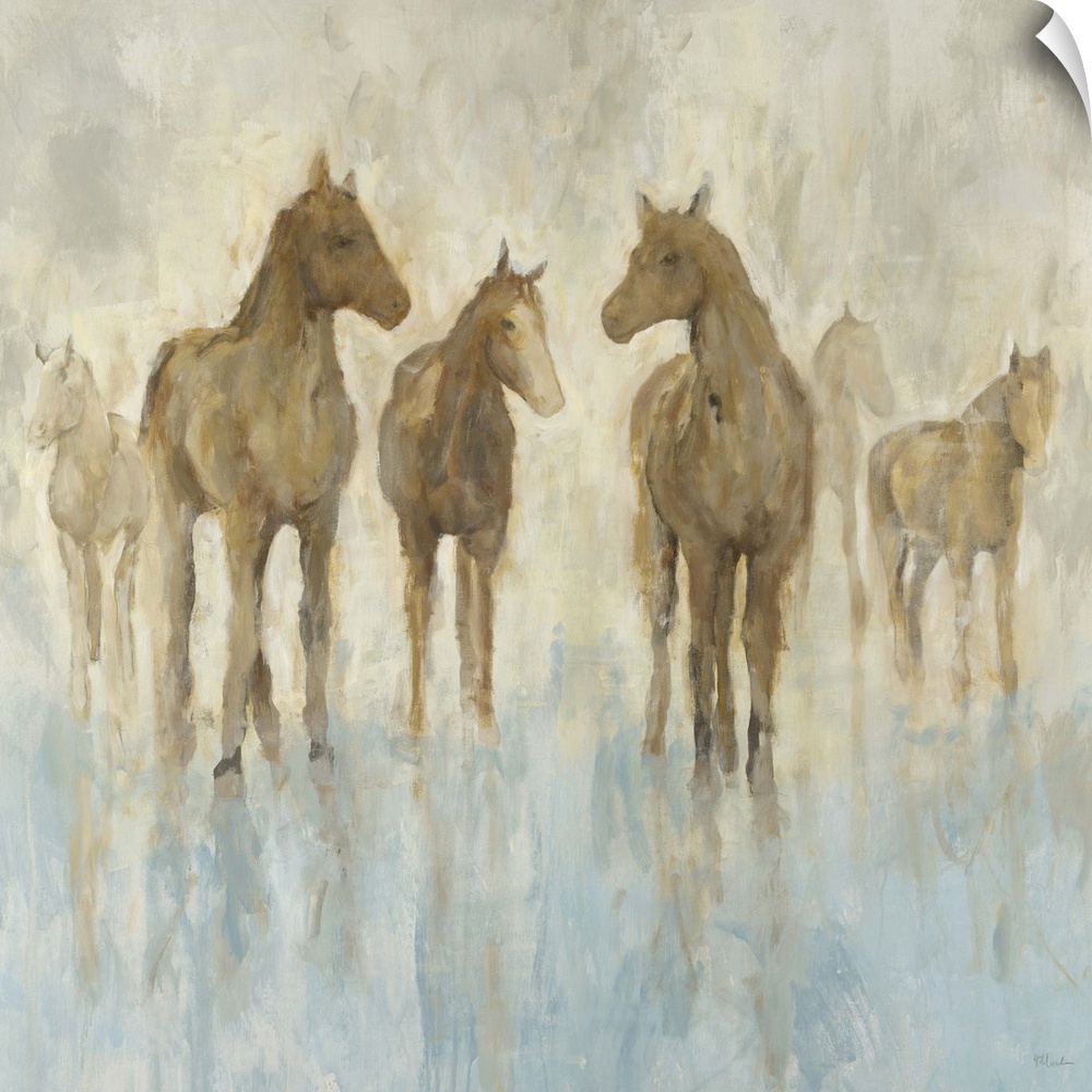 Contemporary painting of a small group of horses standing in a soft blue environment.