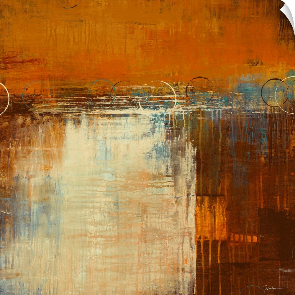Square, abstract painting in warm earth tones of patchy, layered colors with small drips running vertically and horizontal...