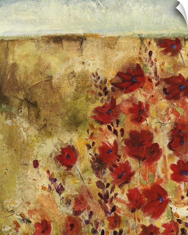 A contemporary painting of red flowers in an empty field.