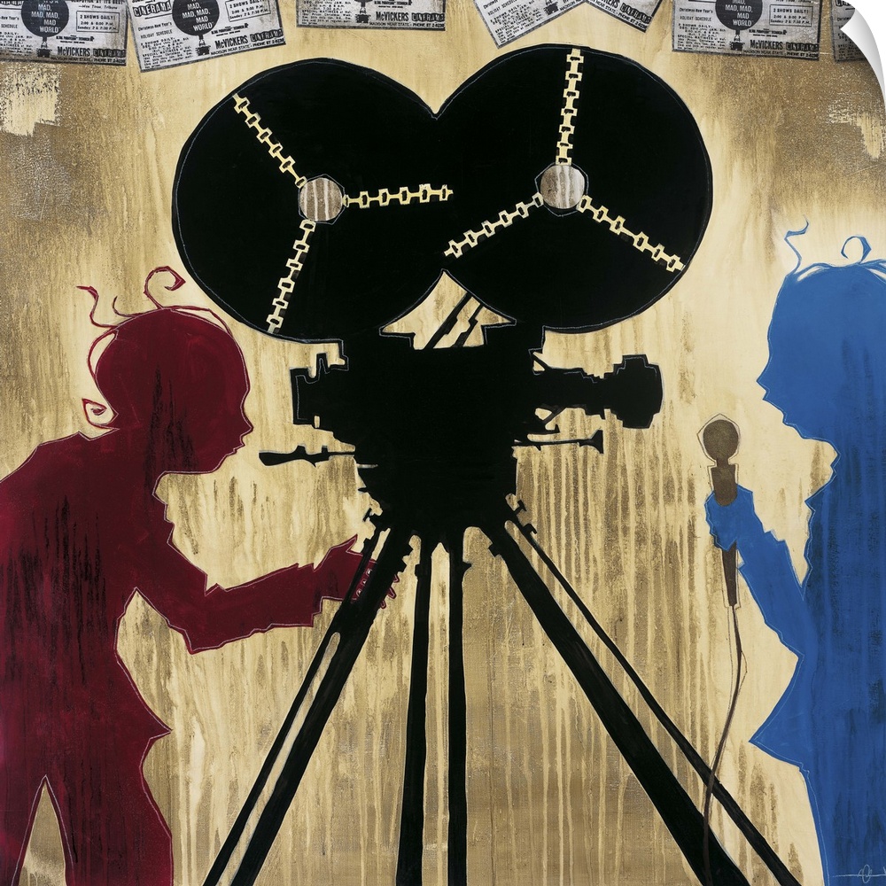 A painting of a camera man in red silhouette pointing a camera at man in blue silhouette holding a microphone.