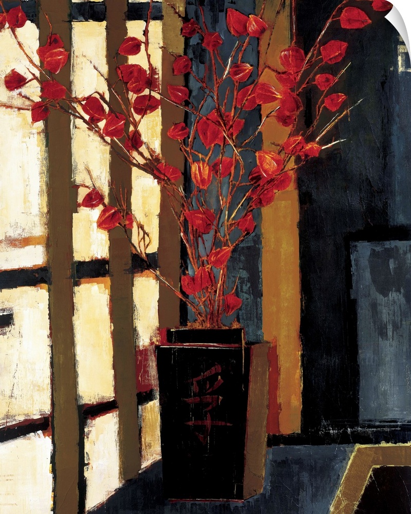 Contemporary painting of a Japanese style vase with a red plant sticking out of it.