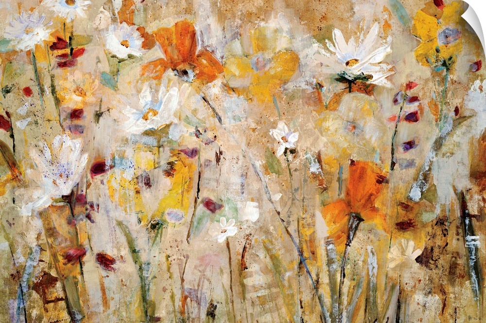 Close up of impressionistic flowers and stems in a busy horizontal abstract and a vivid color palette.