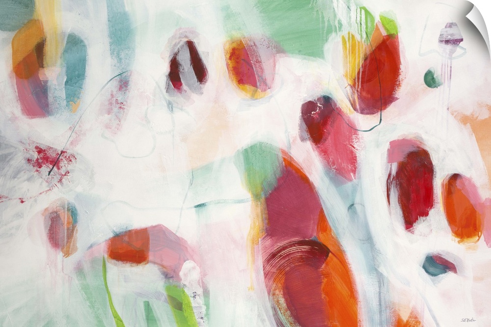 A contemporary abstract painting using splashes of red and pale green against an off white background.