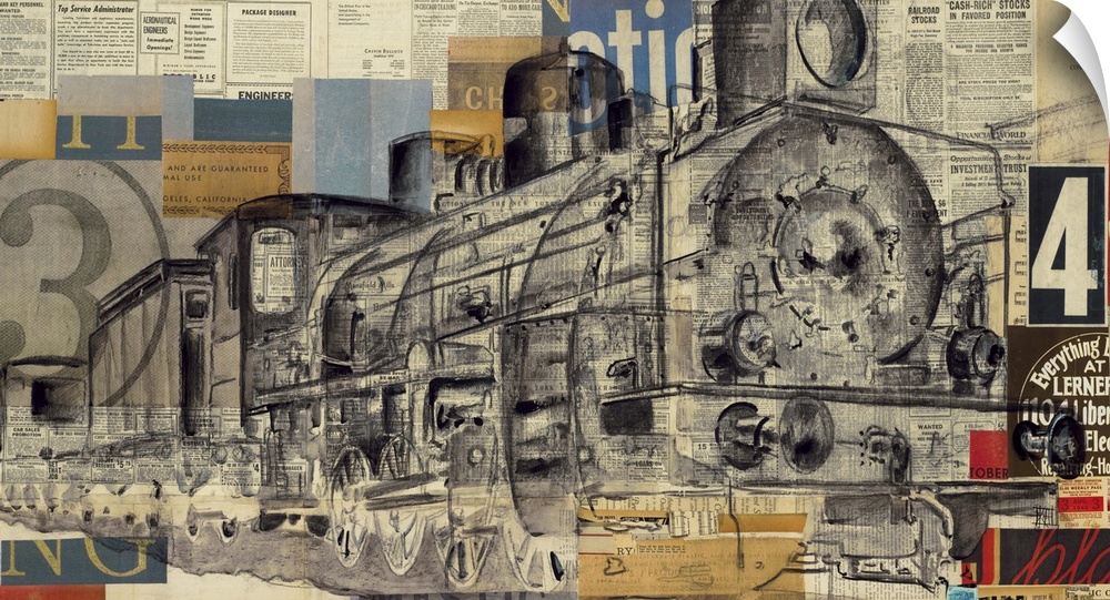 Collage artwork incorporating numbers and letters over top of the image of a train engine.