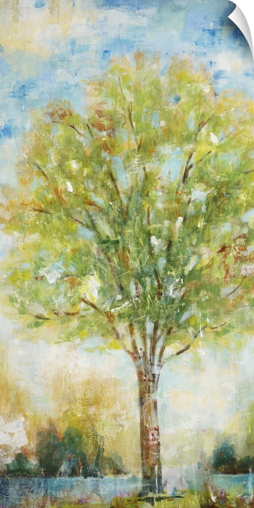 Contemporary painting of a tree with bright green foliage.