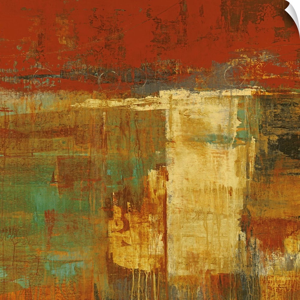 Abstract artwork that uses lots of warmer tones and blocks of painting. Some of the paint has dripped down the print.