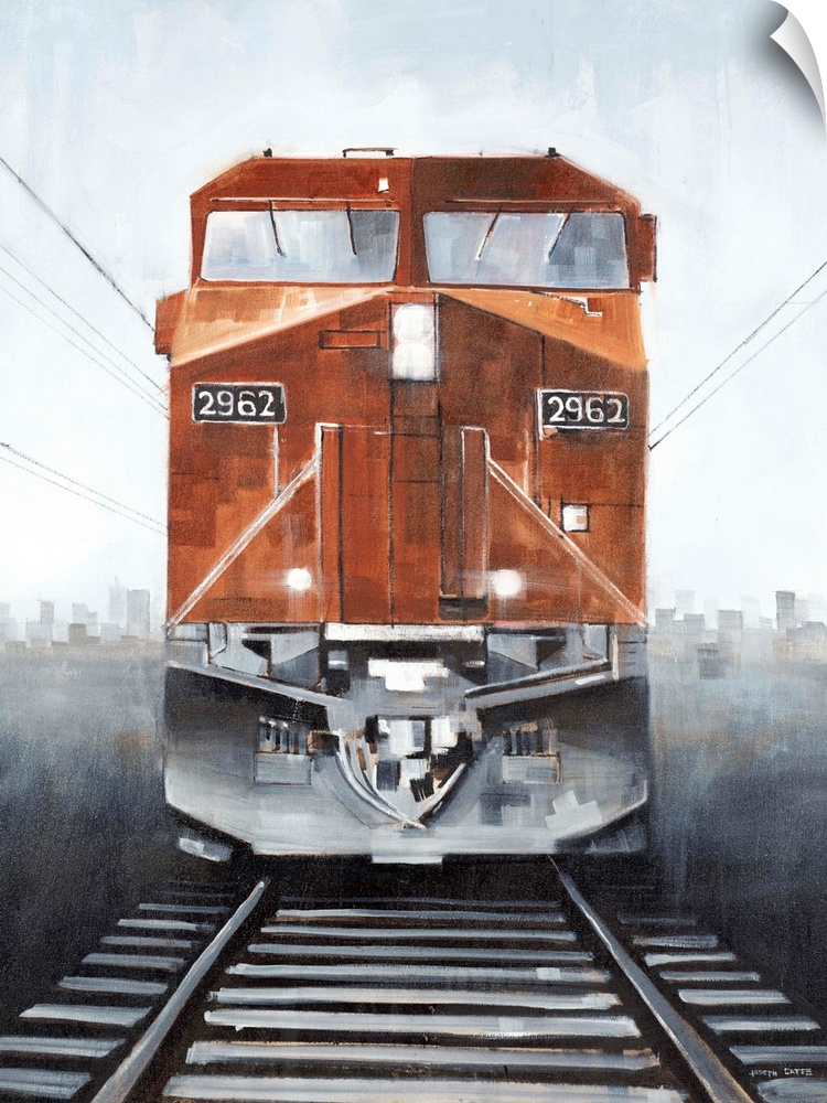 Contemporary painting of the front of a burnt orange train with the tracks in the foreground and a city skyline in the bac...