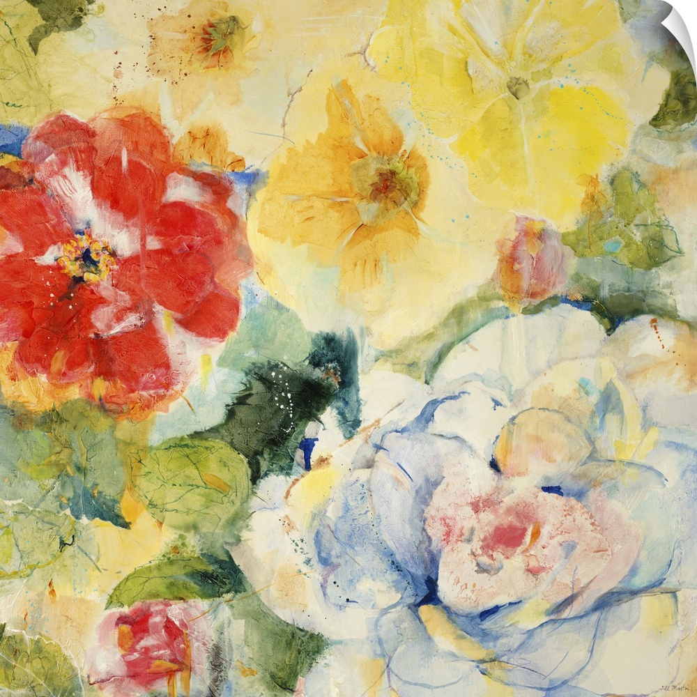 A contemporary painting of a close view of yellow and red garden flower.