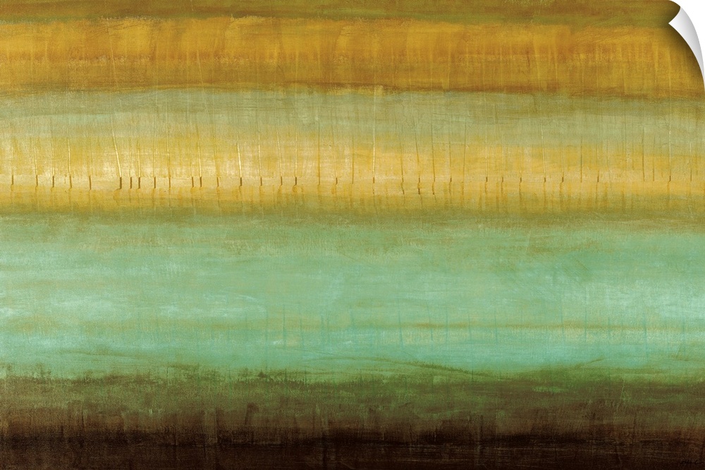This horizontal wall hanging is a contemporary painting of different colors and textures.