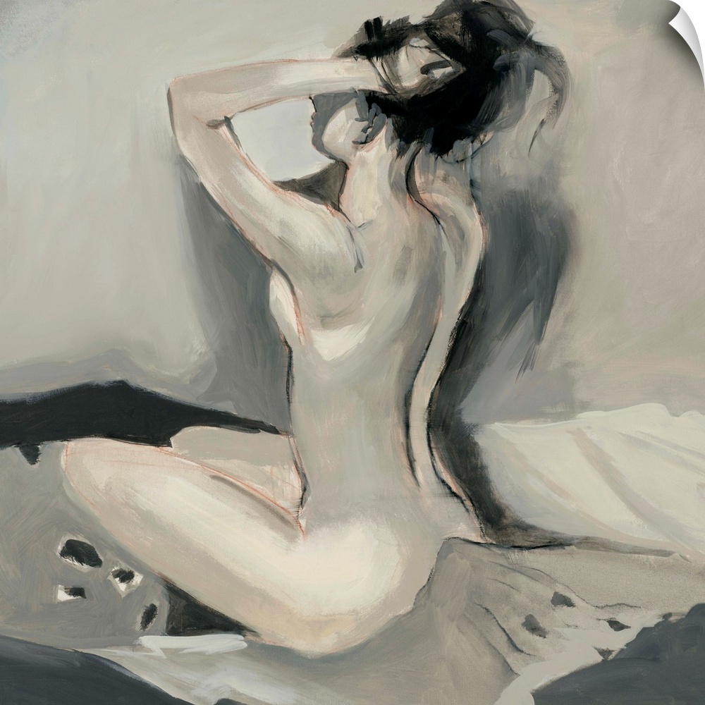 Square painting of a nude woman sitting on a bed holding her hair up with both arms in neutral colors.