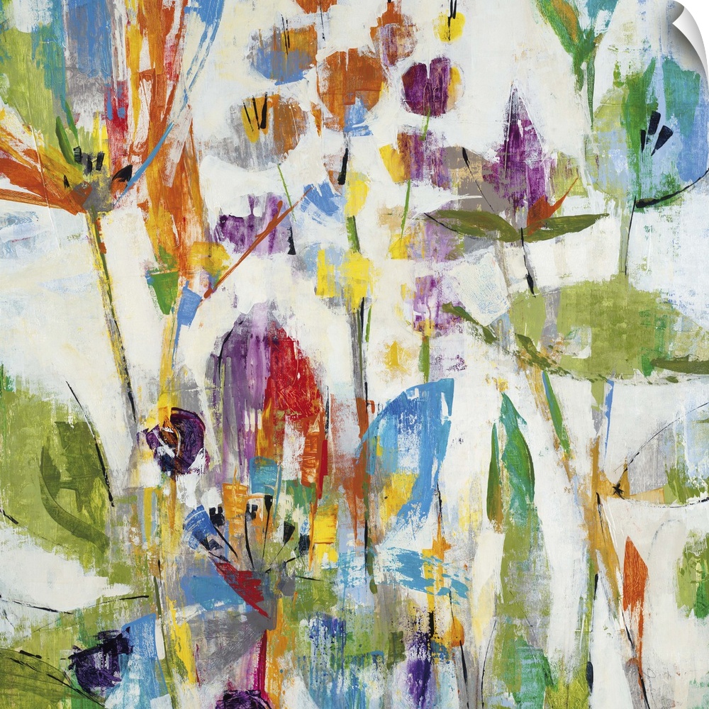Contemporary painting of multi-colored flowers.