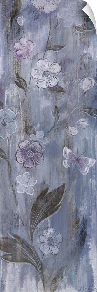 Contemporary painting of pale icy blue flowers against a muted purple background.