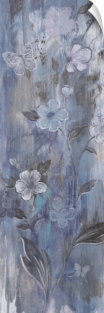 Contemporary painting of pale icy blue flowers against a muted purple background.