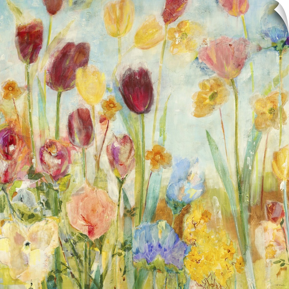A painting o vibrant garden flowers rising high on bright green stems.