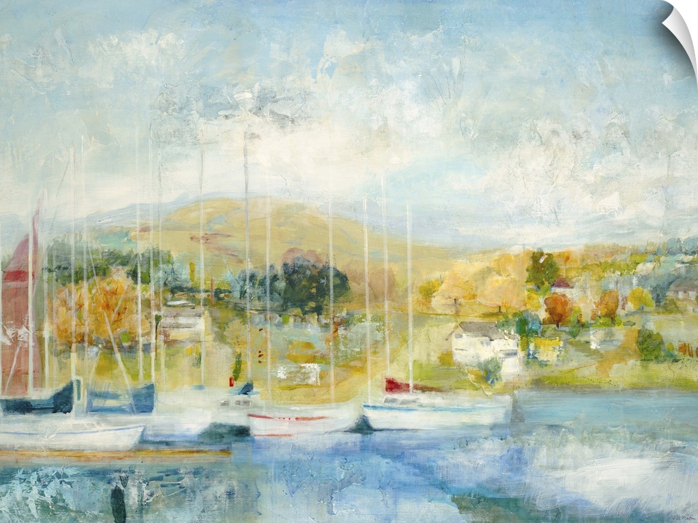 Contemporary painting looking out at a marina filled with sailboats.