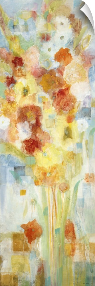 A contemporary painting of flowers in red orange and yellow tones.