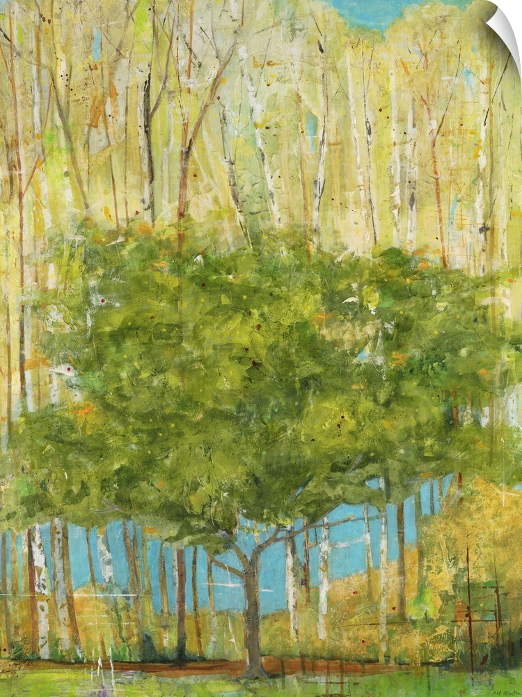 Contemporary painting of a single green tree dwarfed by taller trees with pale foliage.