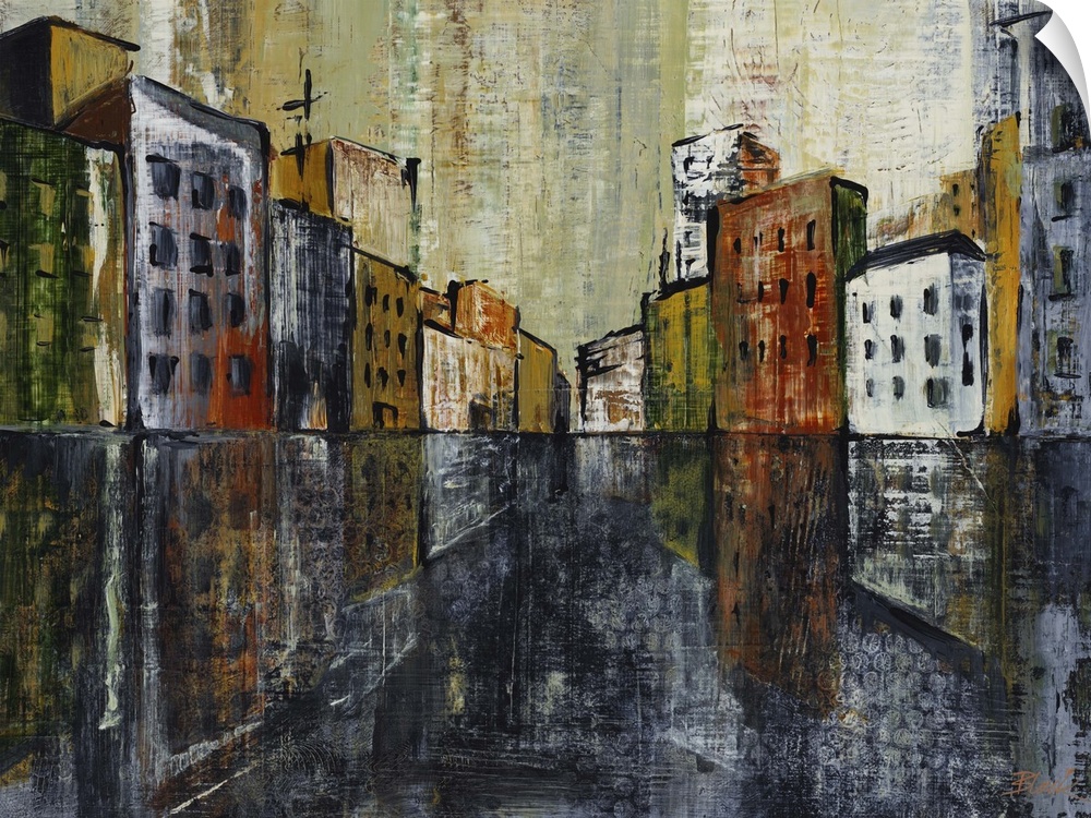 Contemporary painting of a city skyline seen from a river.