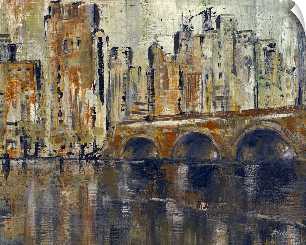 Contemporary painting of a city skyline seen from a river.