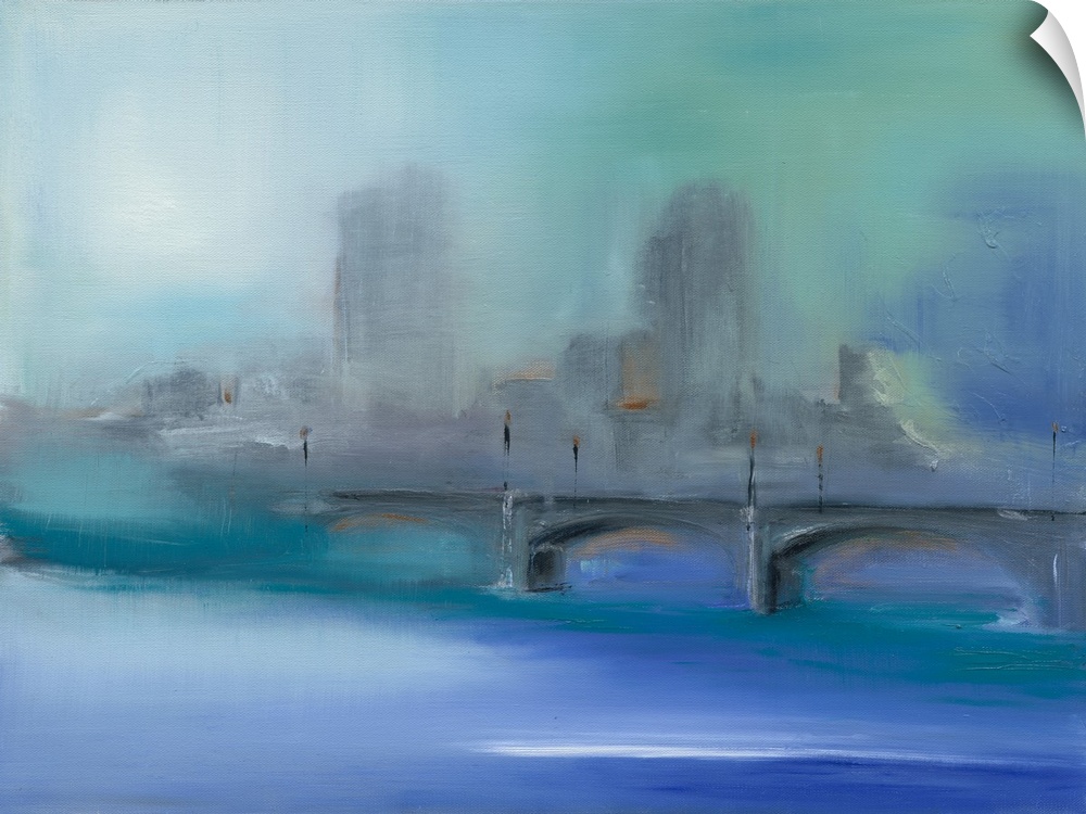 Contemporary abstract painting of a gray city skyline with a bridge and bright blue water in the foreground.