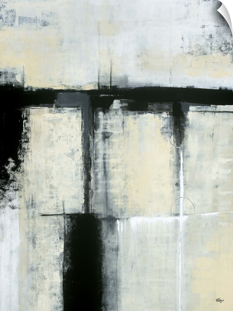 A contemporary abstract painting using neutral colors in a distressed look.