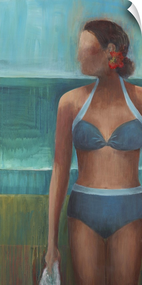 Contemporary figurative painting of a woman wearing a blue bikini.
