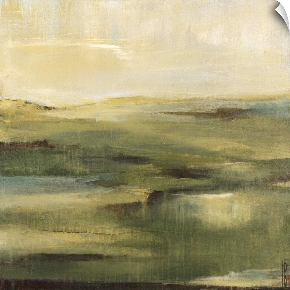 Contemporary abstract painting of a muted green landscape under a neutral toned sky.