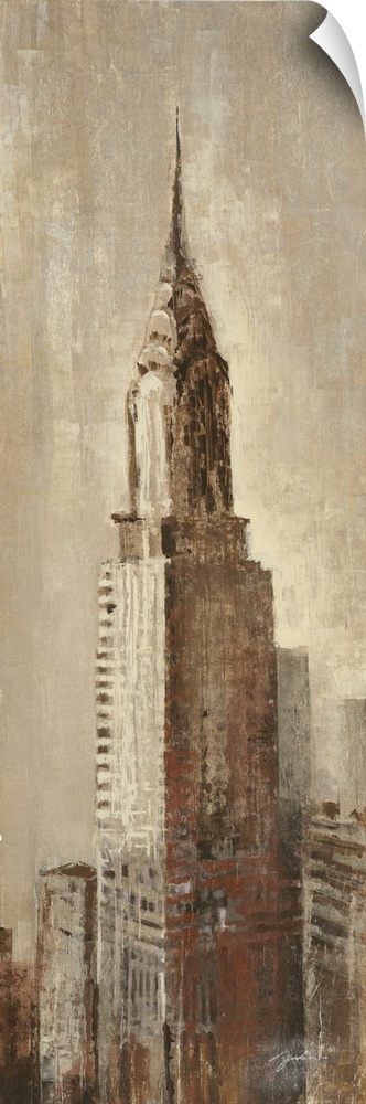 A long vertical contemporary painting of the Chrysler building in New York, done in mute earth tones.