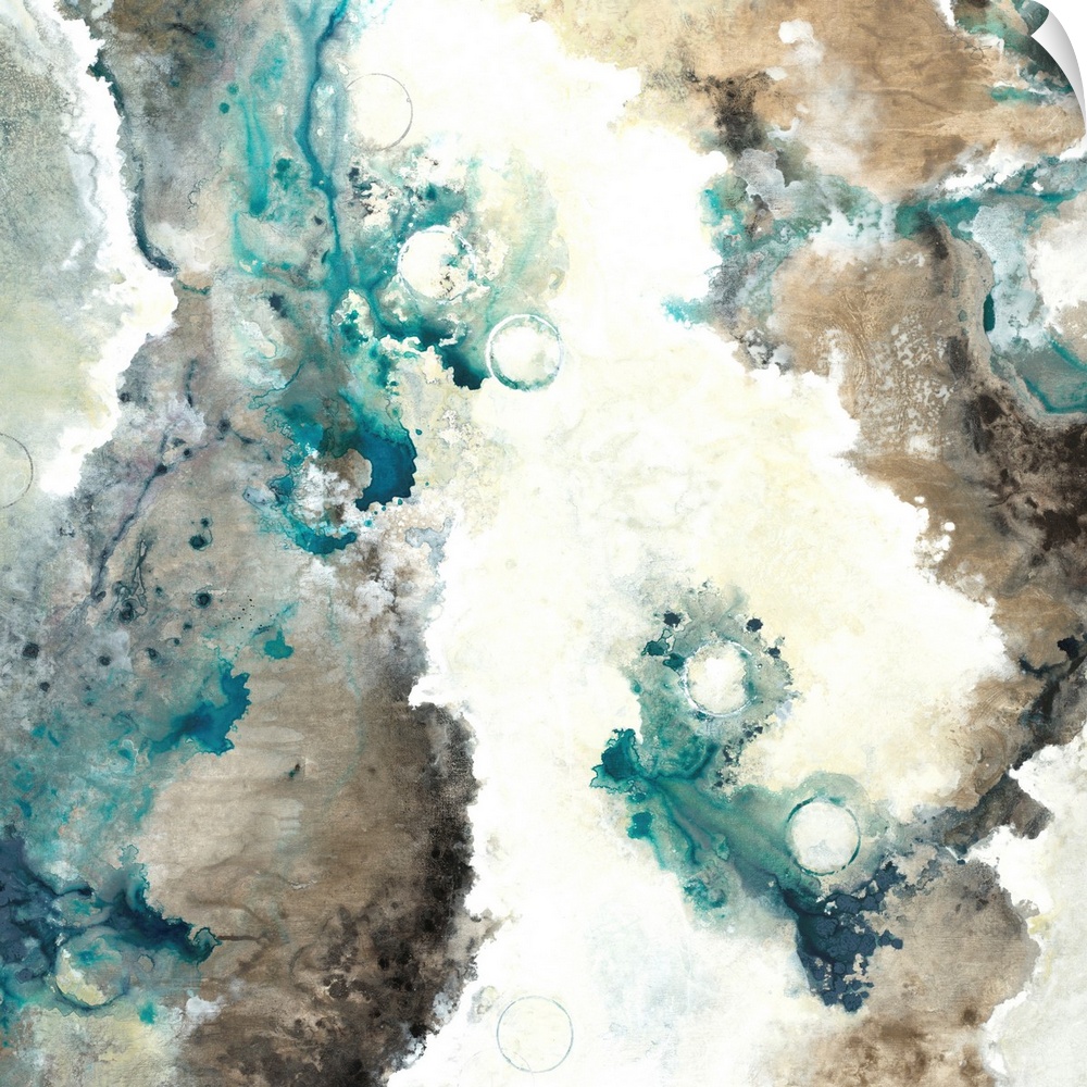 Square abstract painting with marbling colors in shades of brown, gray, cream, and blue.