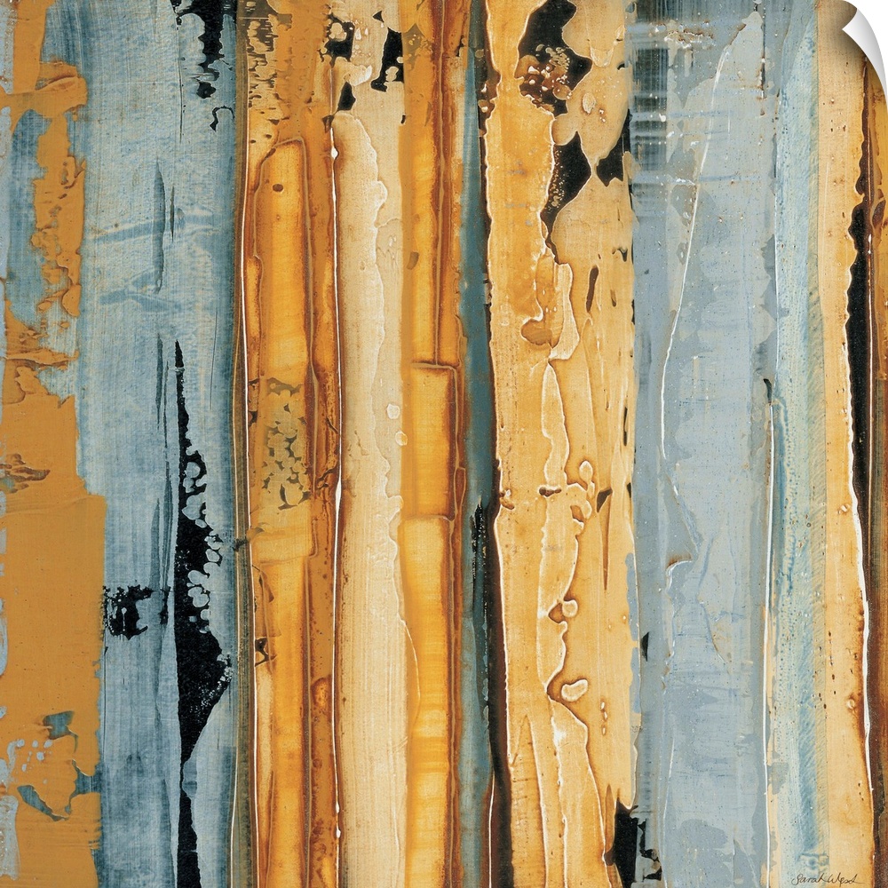 Contemporary abstract painting using gold and pale gray in vertical lines.