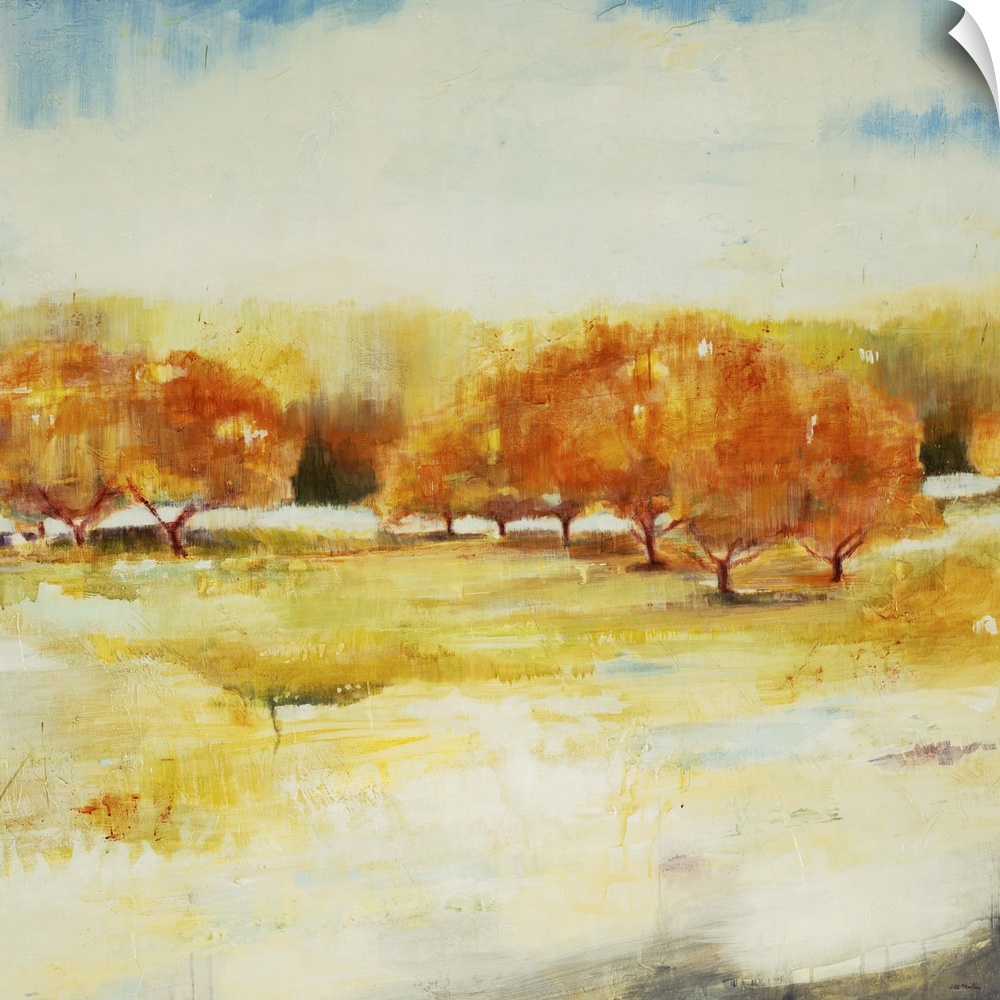 Contemporary landscape painting looking out over autumn foliage.