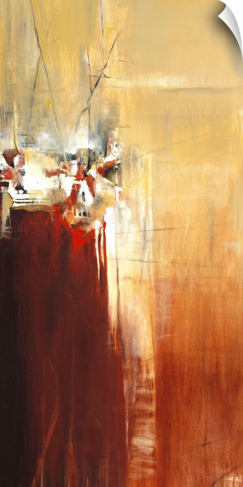 Contemporary abstract painting using contrasting deep colors and intricate lines.