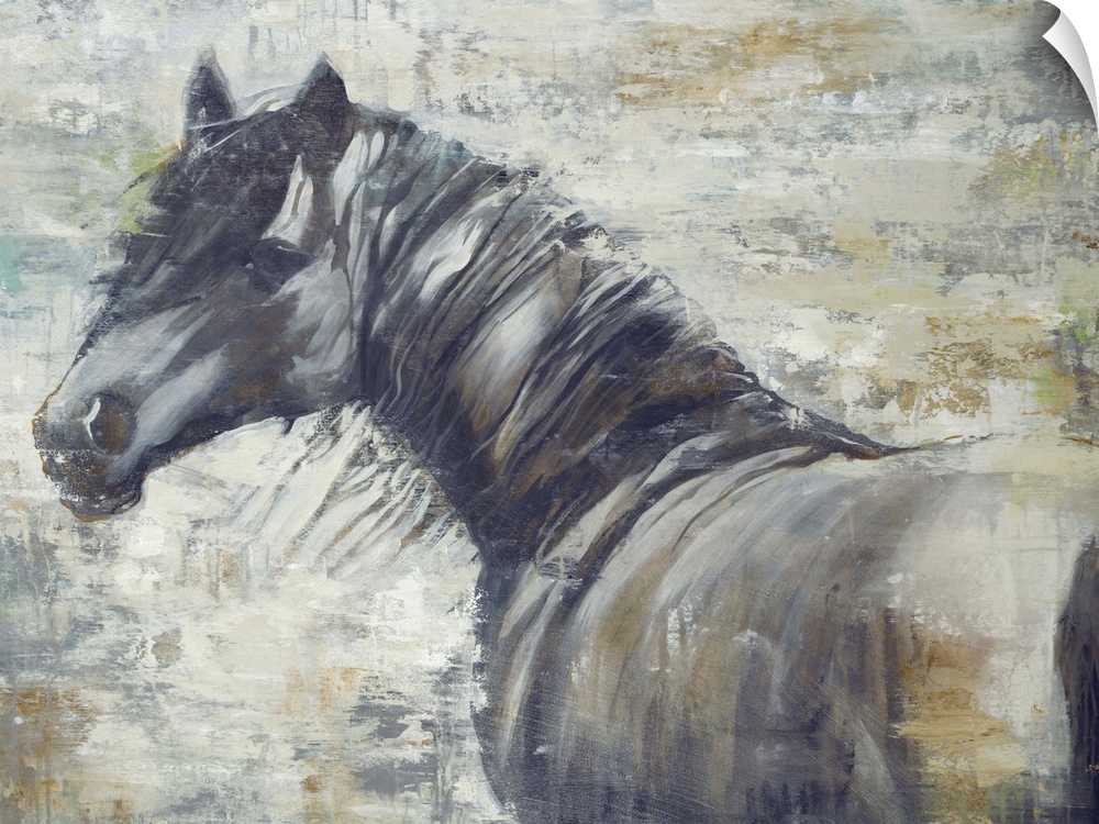 Contemporary painting of a horse looking intently to its left with its mane blowing in the wind.