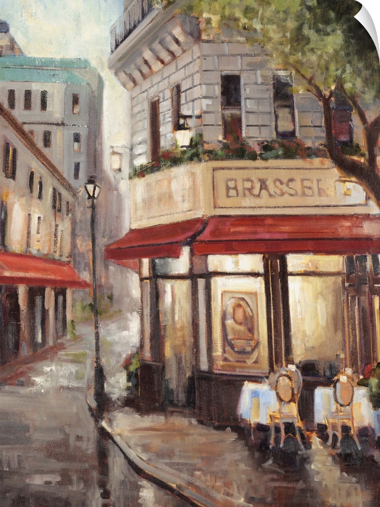 Painting of a Parisian street cafe scene.