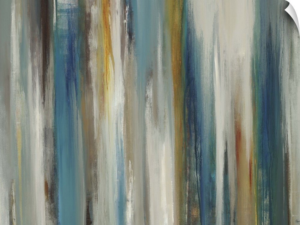 Abstract painting using cool colors and neutral colors in vertical swipes.