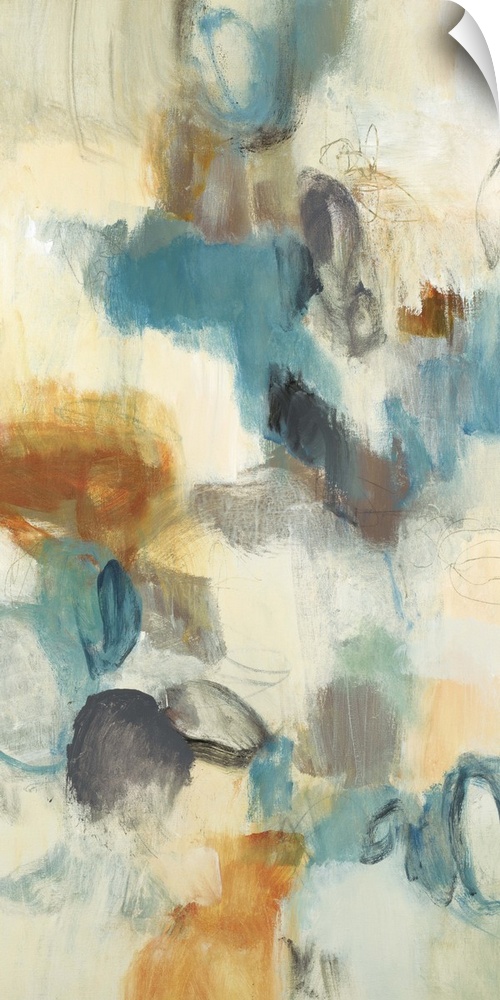 Contemporary abstract painting using blue orange and gray tones against a beige background.