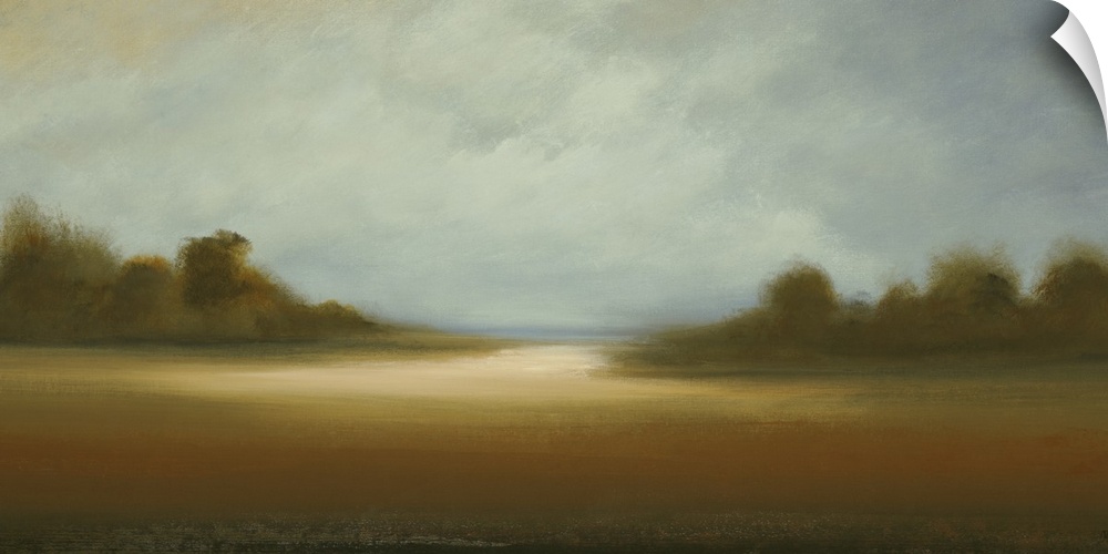 A contemporary painting with a neutral, earthy color palette that shows a flat landscape of a meadow or water, lined with ...