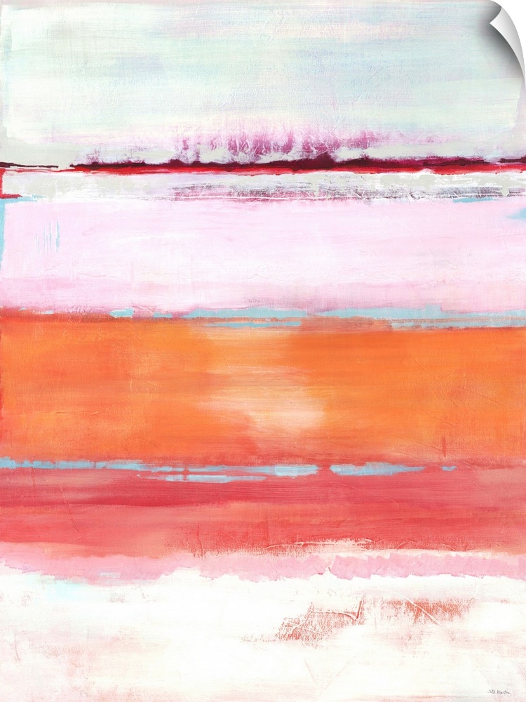 Contemporary abstract painting using warm tones to convey a landscape.