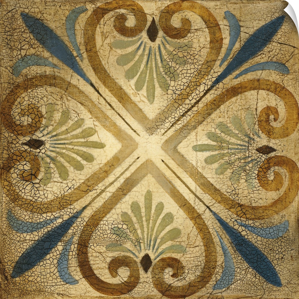 This square shaped decorative accent is inspired by ceramic tiles and part of a series of four wall hangings.