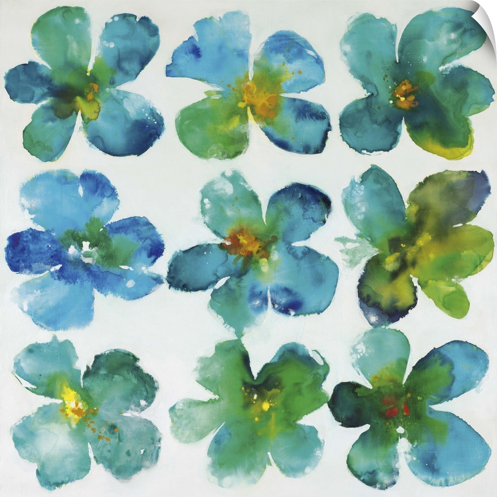 Contemporary painting of blue-green flowers in rows.