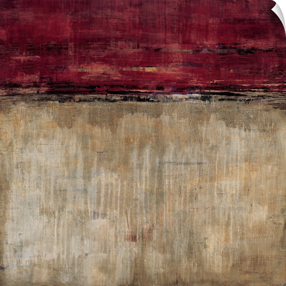 Contemporary abstract painting using earth tones and dark red to make a color field.