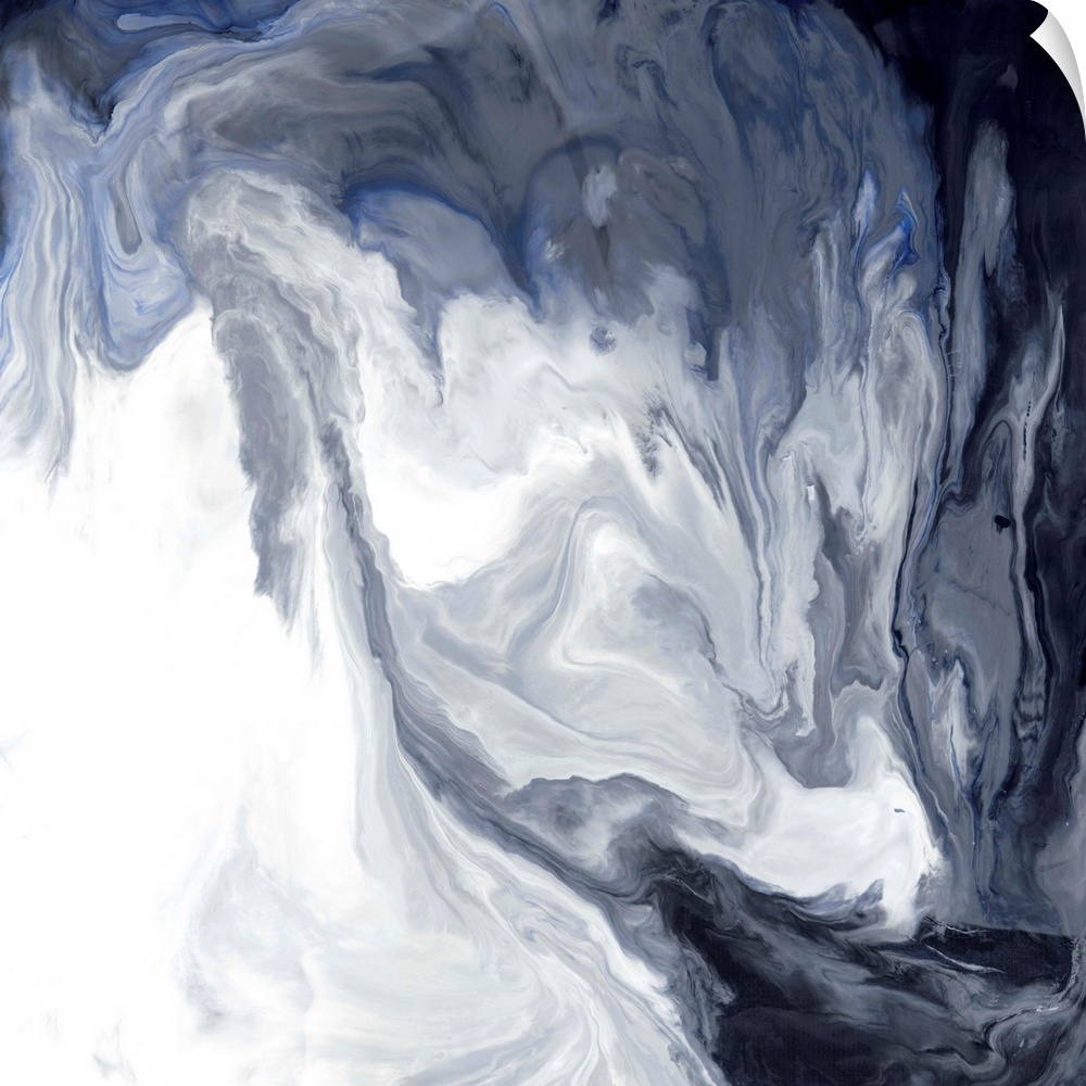 Gray, white, blue, and black hues marbling together on a square canvas.