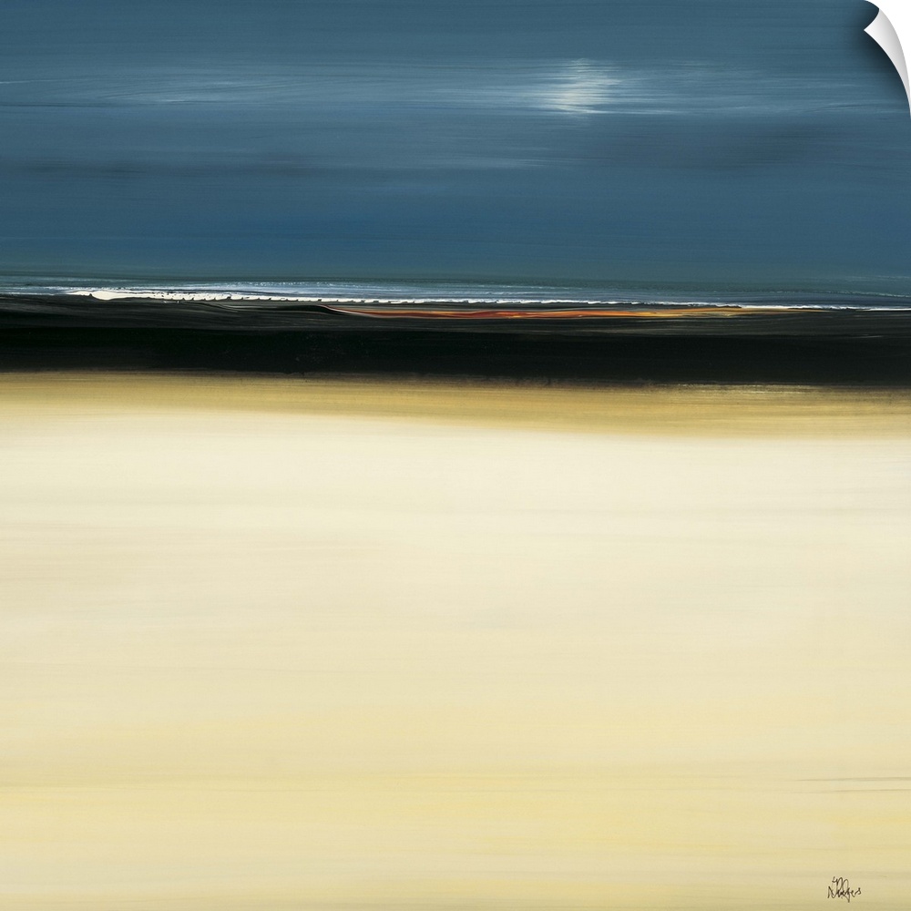 A contemporary abstract painting using dark blue at the top of the image and beige at the bottom.