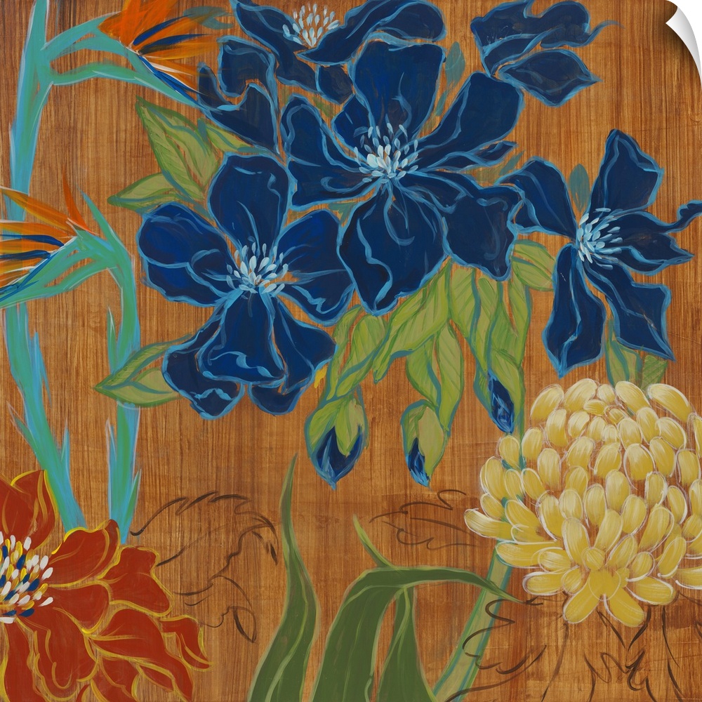 A square abstract painting of large flowers and leaves in bold primary colors on a brown streaked background.